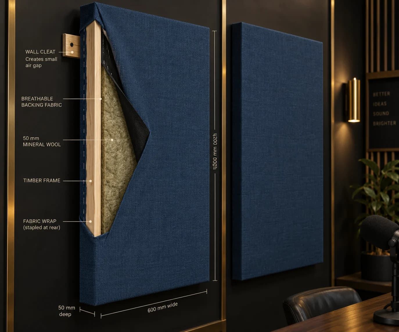 Cutaway showing the timber frame, mineral wool and fabric layers of an acoustic panel