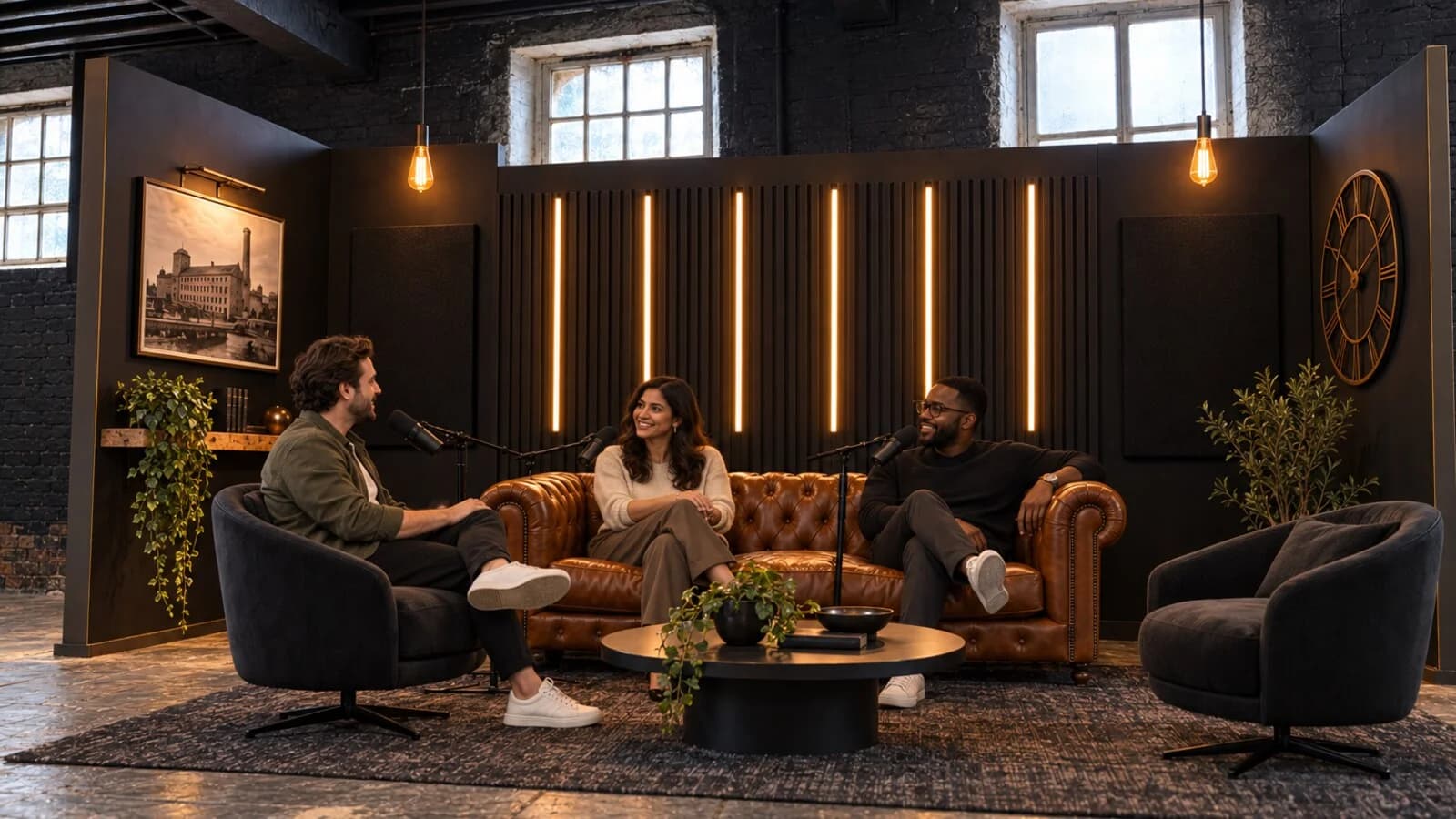 Three people in conversation on the leather sofa and armchairs of the Black Set