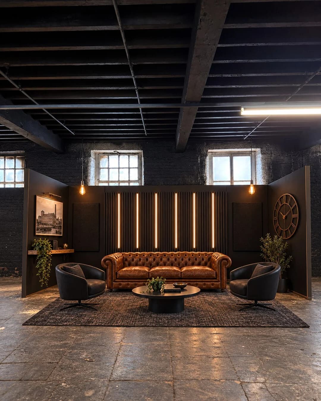 The black podcast set with a leather sofa, dark acoustic walls and warm pendant lighting