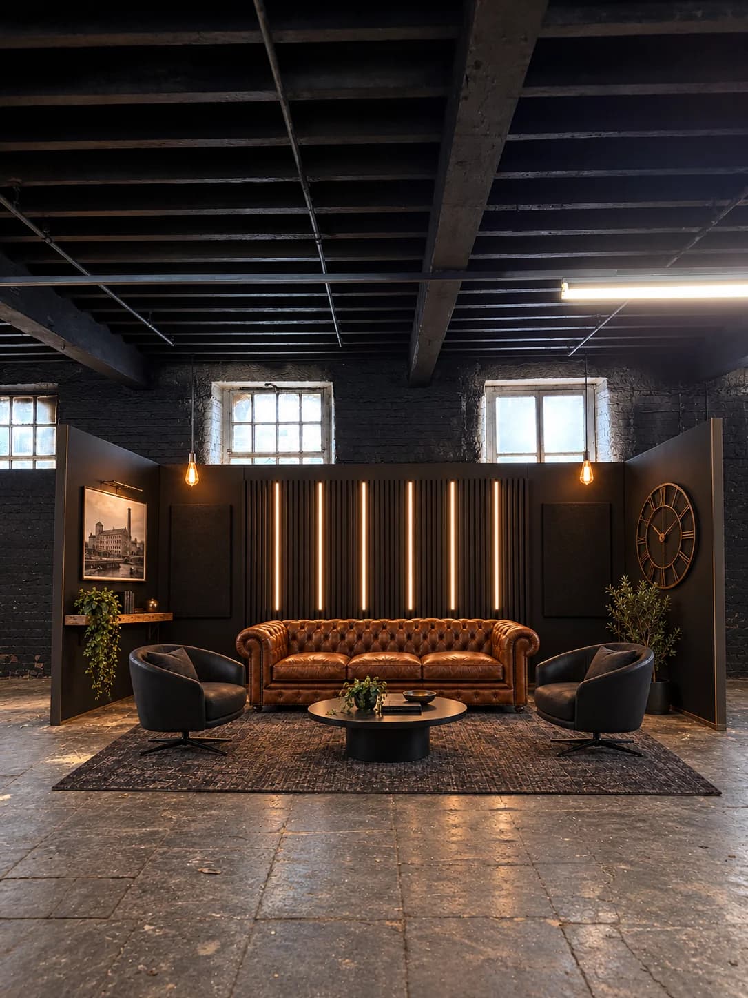 The black podcast set with a leather sofa, dark acoustic walls and warm pendant lighting