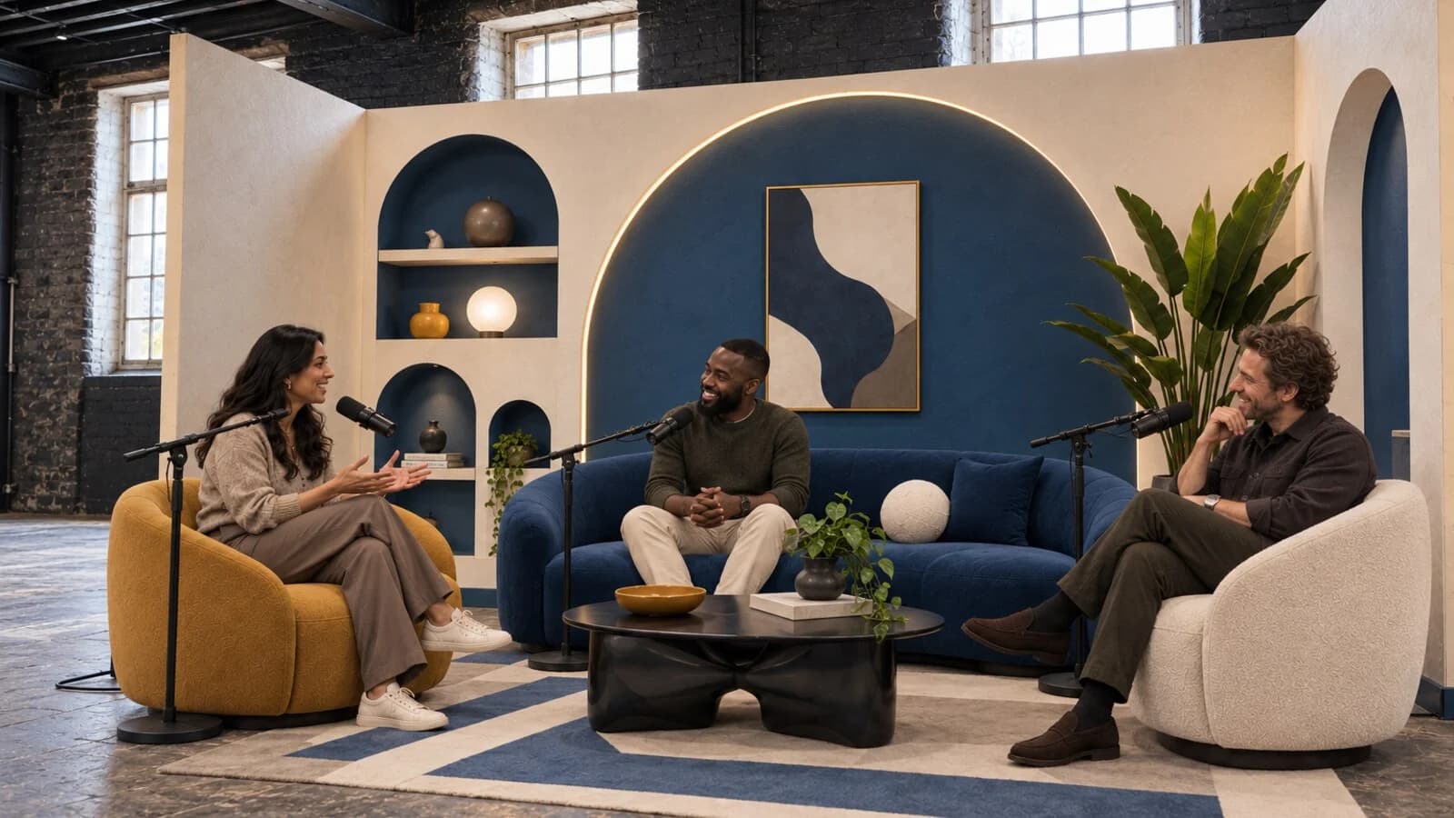 Three people recording a conversation in the heritage blue podcast set inside the mill