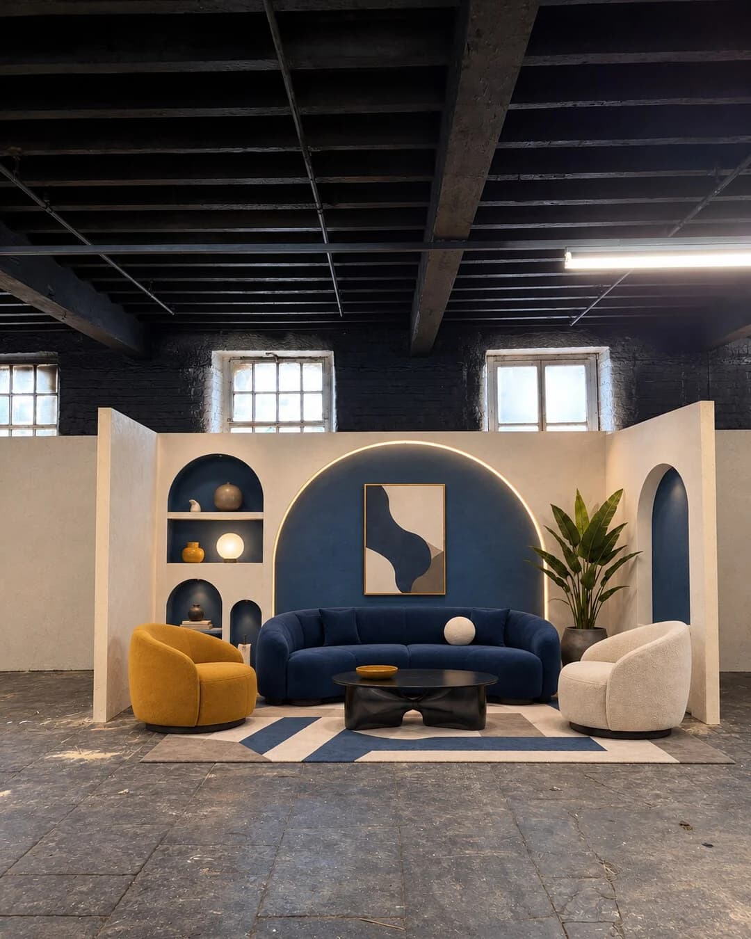 The heritage blue podcast set with curved alcoves and mustard accents