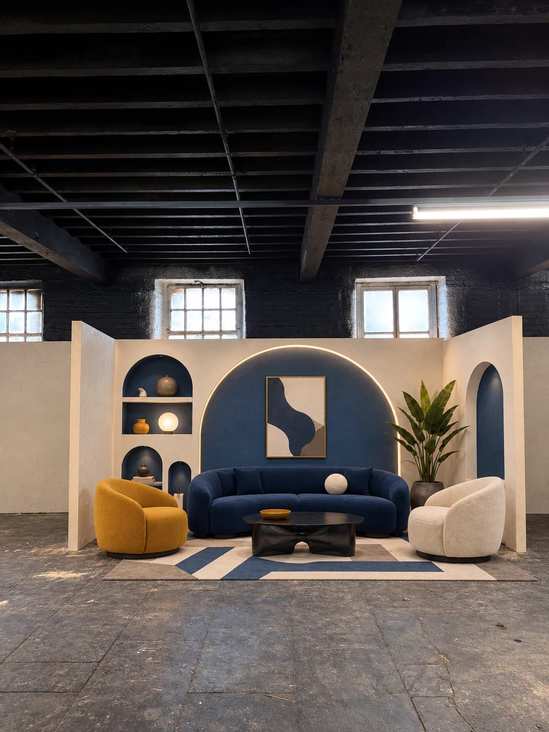 The heritage blue podcast set with curved alcoves and mustard accents