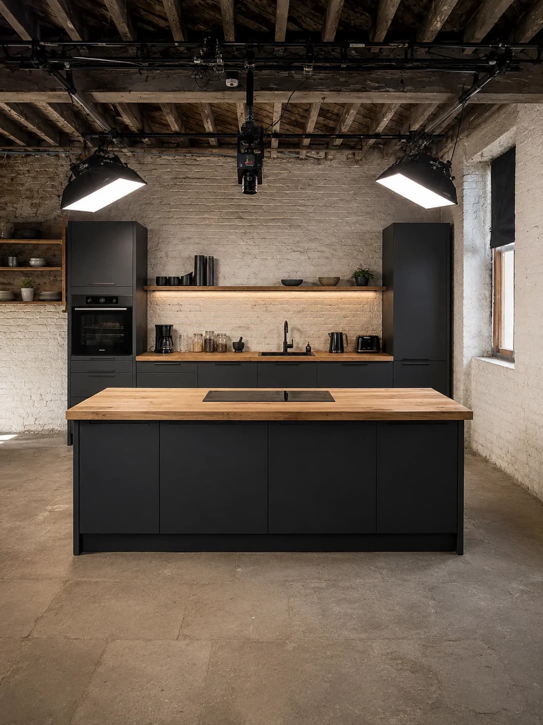 Future kitchen filming space with dark cabinetry, an oak island and overhead production lighting