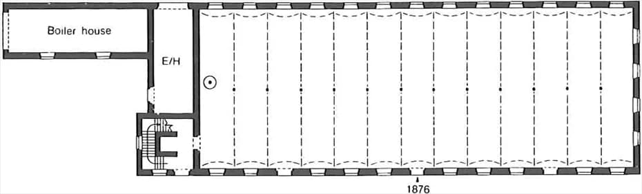 Supplied floor-plan drawing showing the long mill floor and its structural bays