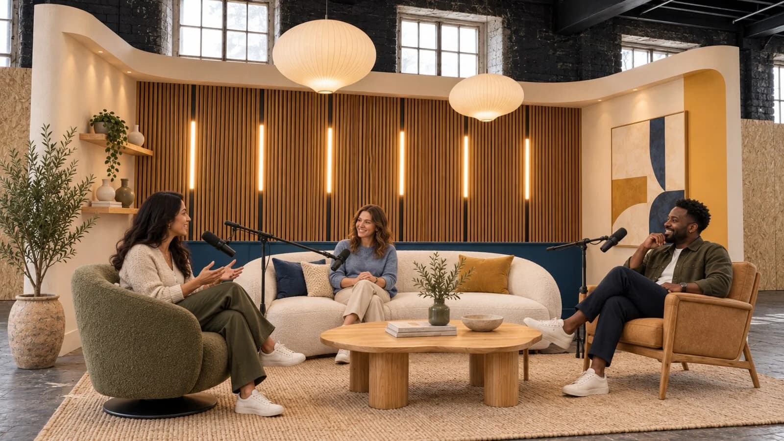 Three people in conversation in the warm oak Japandi podcast set