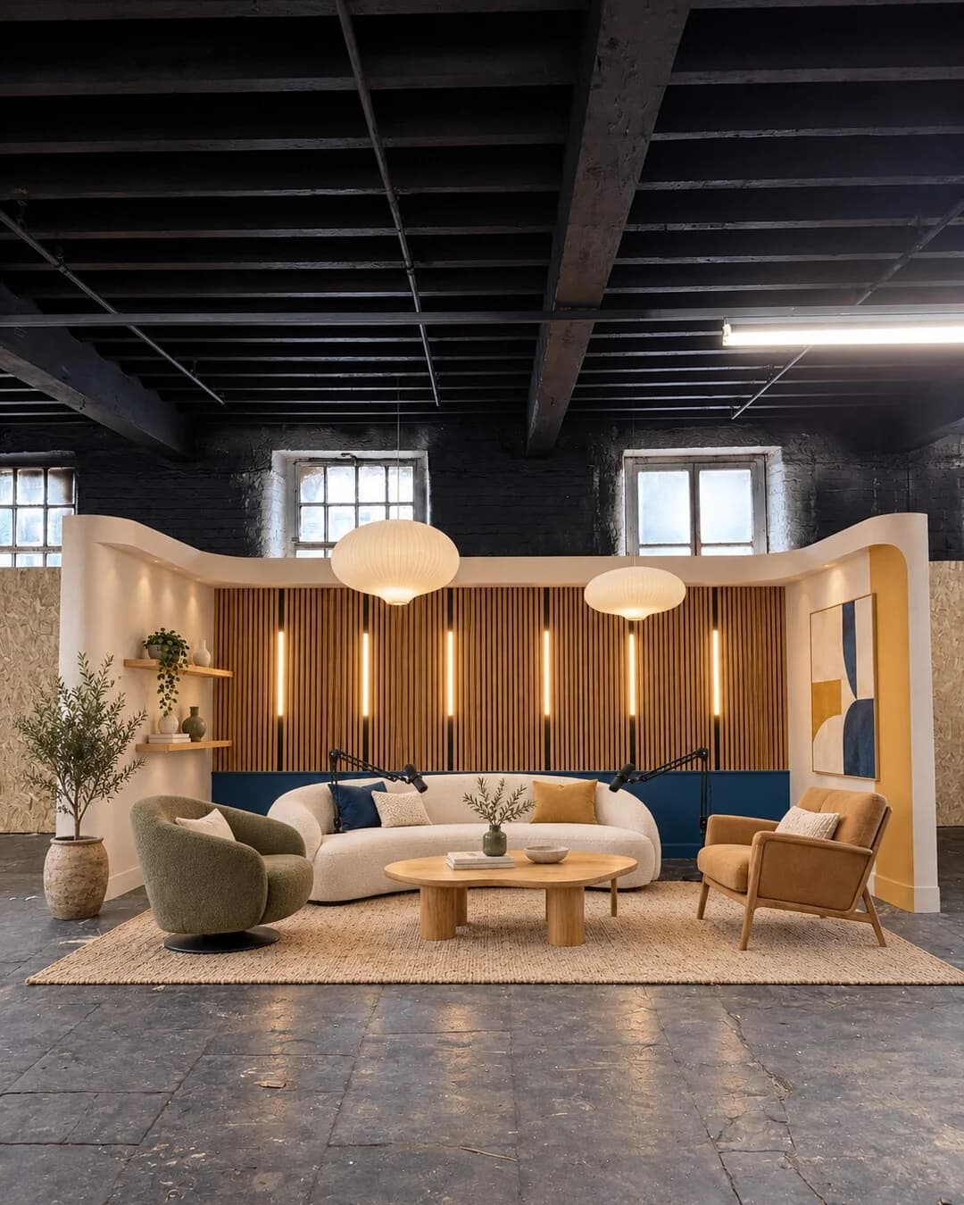 The oak podcast set beneath the mill windows, with timber slats, a cream sofa and natural-toned armchairs