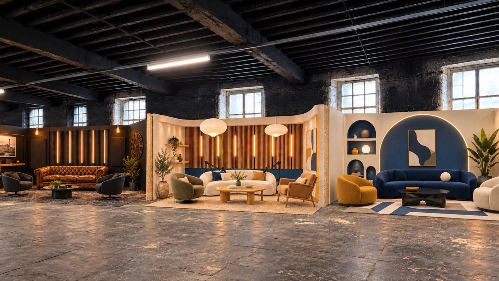 Three podcast sets inside North Dean Mill, with black, oak and heritage blue finishes