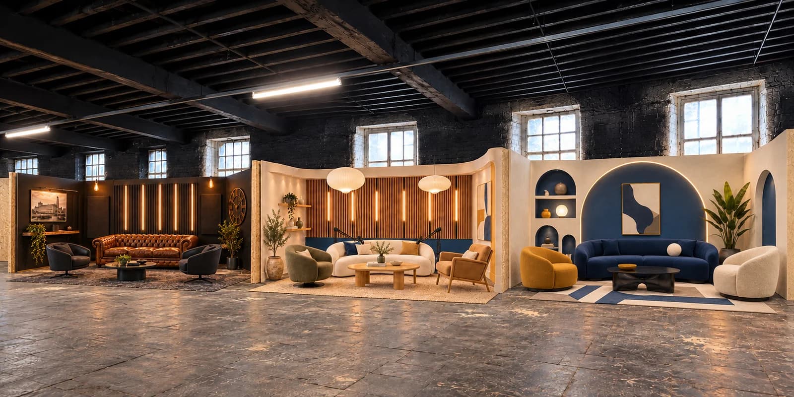 Three podcast sets inside North Dean Mill, with black, oak and heritage blue finishes