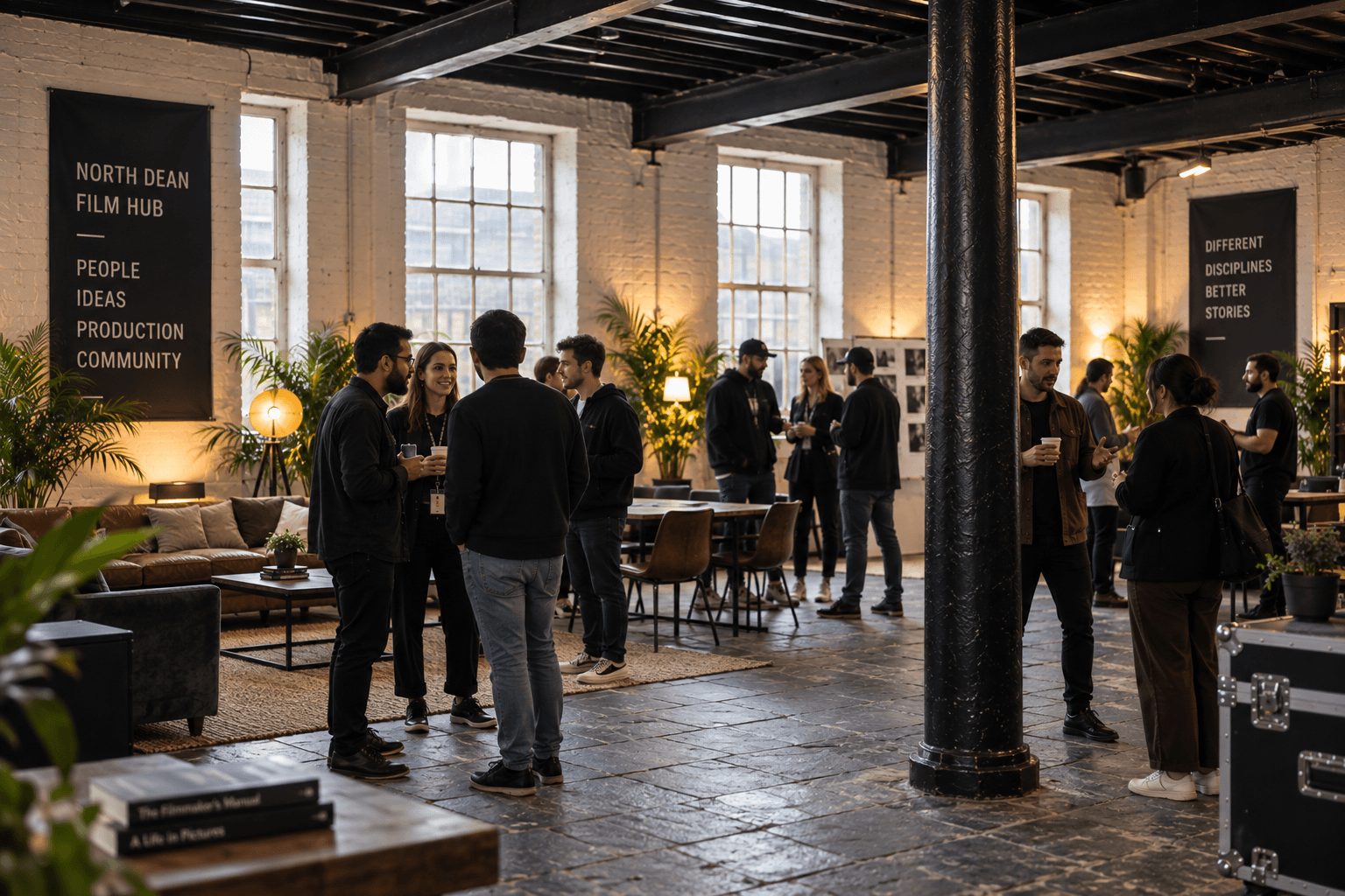 Filmmakers meeting in the North Dean Film Hub, with mill windows and cast-iron pillars