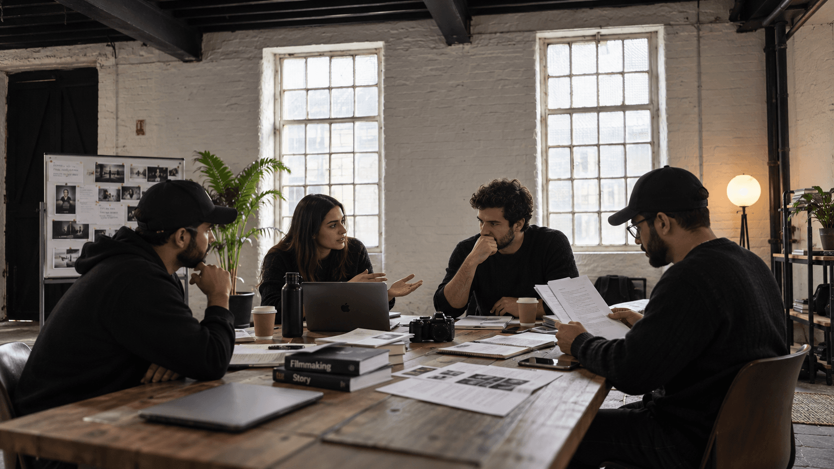 Writers developing a script around a table in the Film Hub
