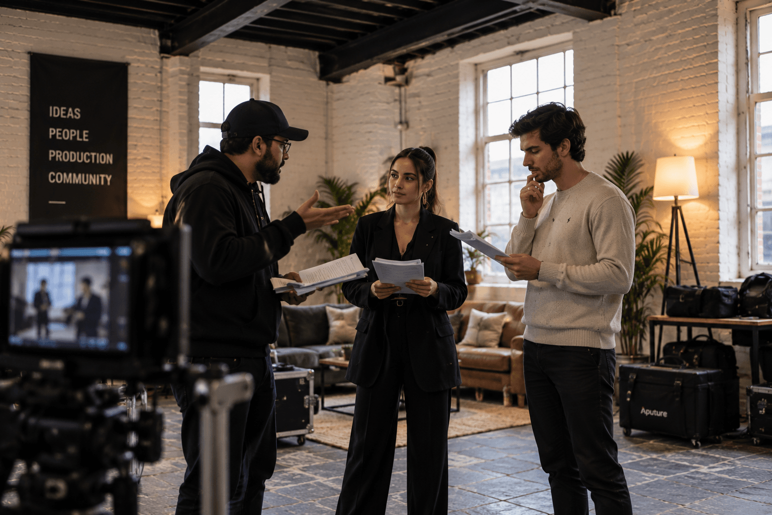 A director and actors rehearsing a scene in the Film Hub