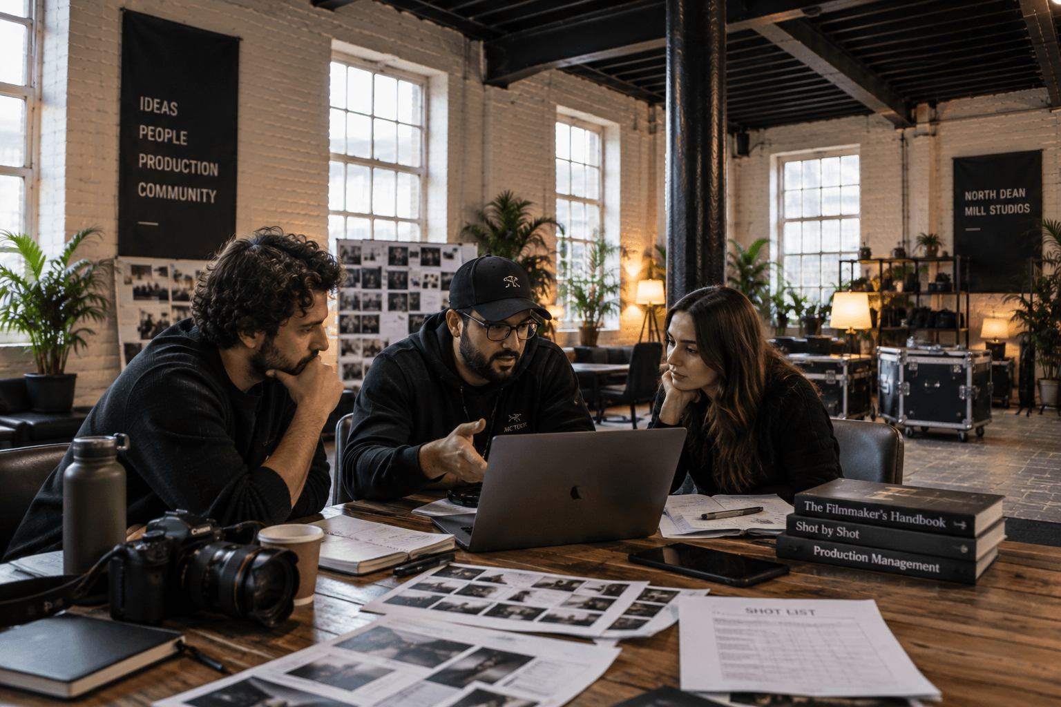 A filmmaking team planning a production around a table