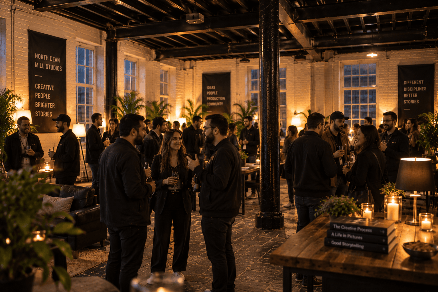 An evening filmmaking meetup inside North Dean Mill