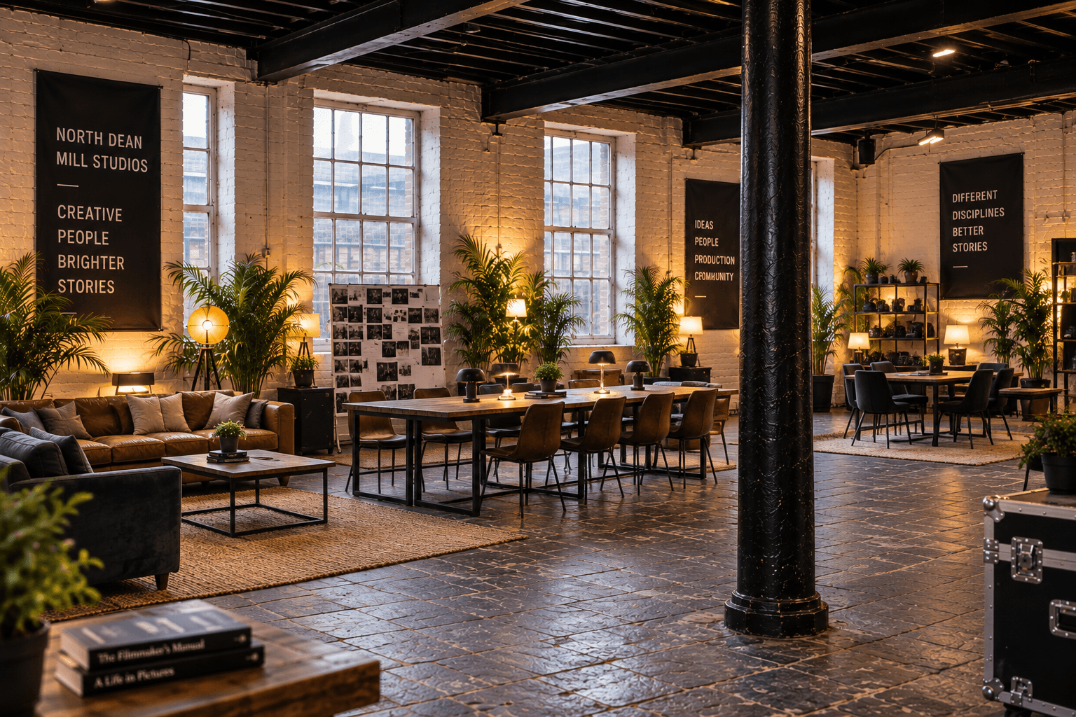 The North Dean Film Hub with meeting tables, sofas, warm lighting and mill pillars
